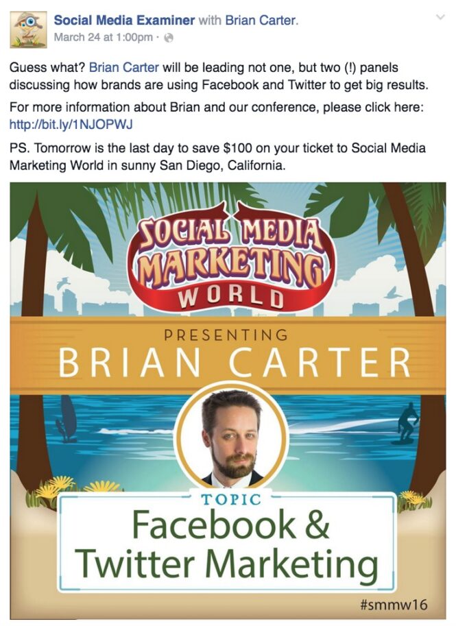 Facebook event marketing example: Status update featuring event speaker
