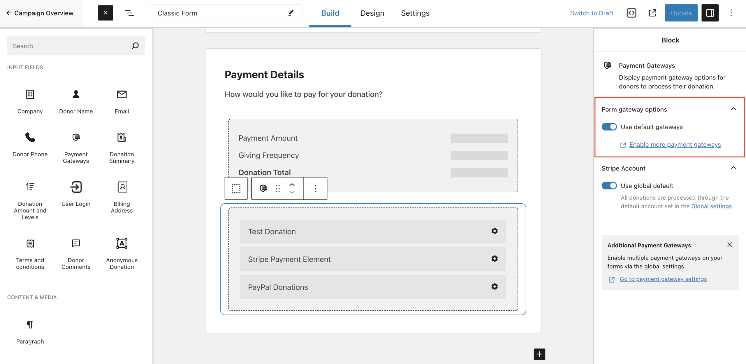 visual donation form builder Build step showing the Form gateway setting in the right sidebar
