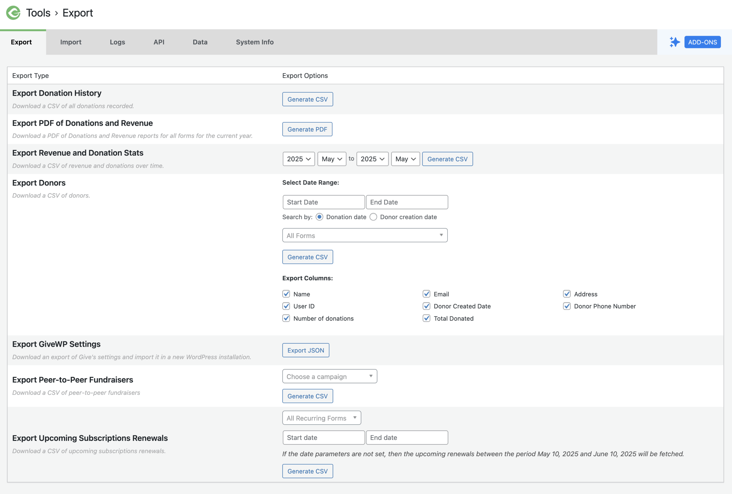 Tools Export page