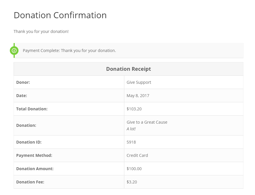 Your donation confirmation page shows the intended gift alongside the fee payment.