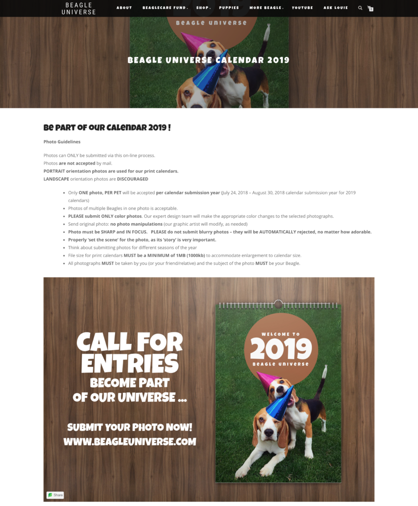 Beagle calendar fundraiser landing page includes a photo of the calendar and directions on how to register. 