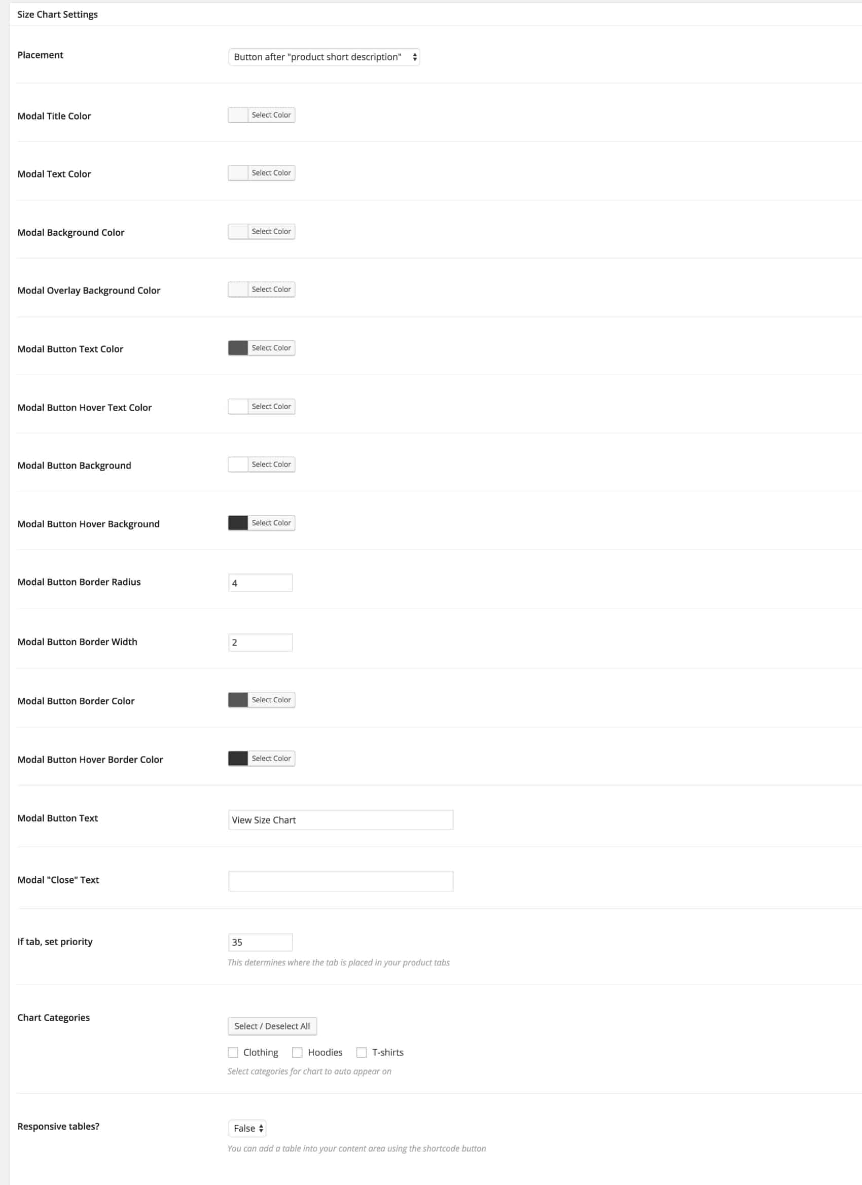 Size Chart Settings