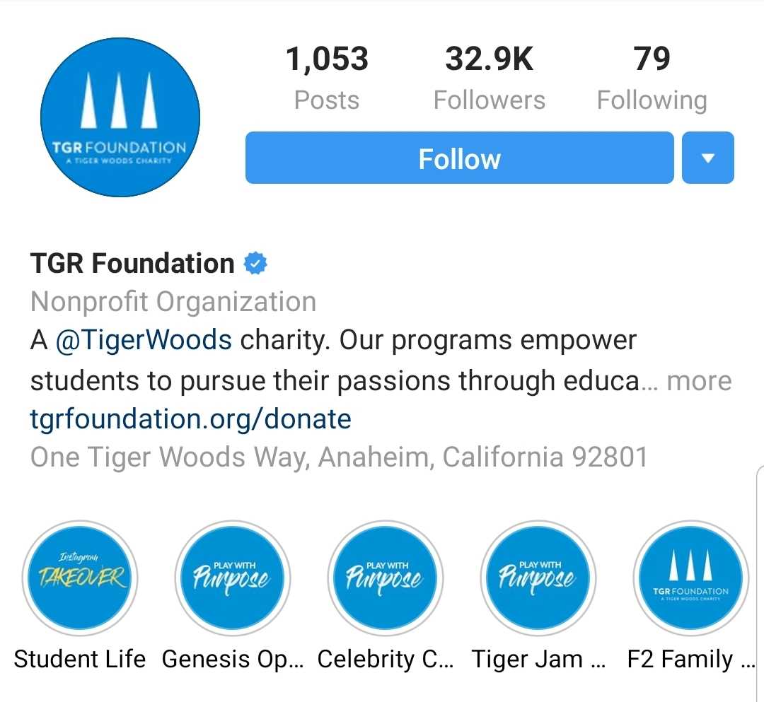 The TGR Foundation page has 1,053 posts, 32.9 thousand followers, and follows 79 people. The TGR Foundation is a Tiger Woods Charity with programs that empower students to pursue their passions through education. Story highlights include Student Life, Genesis Open, Celebrity Cup, Tiger Jam, etc..