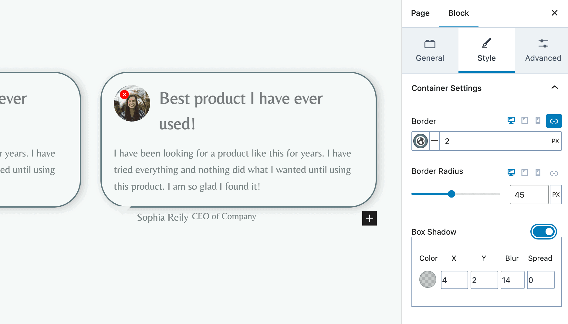 Testimonial Block - Style Settings