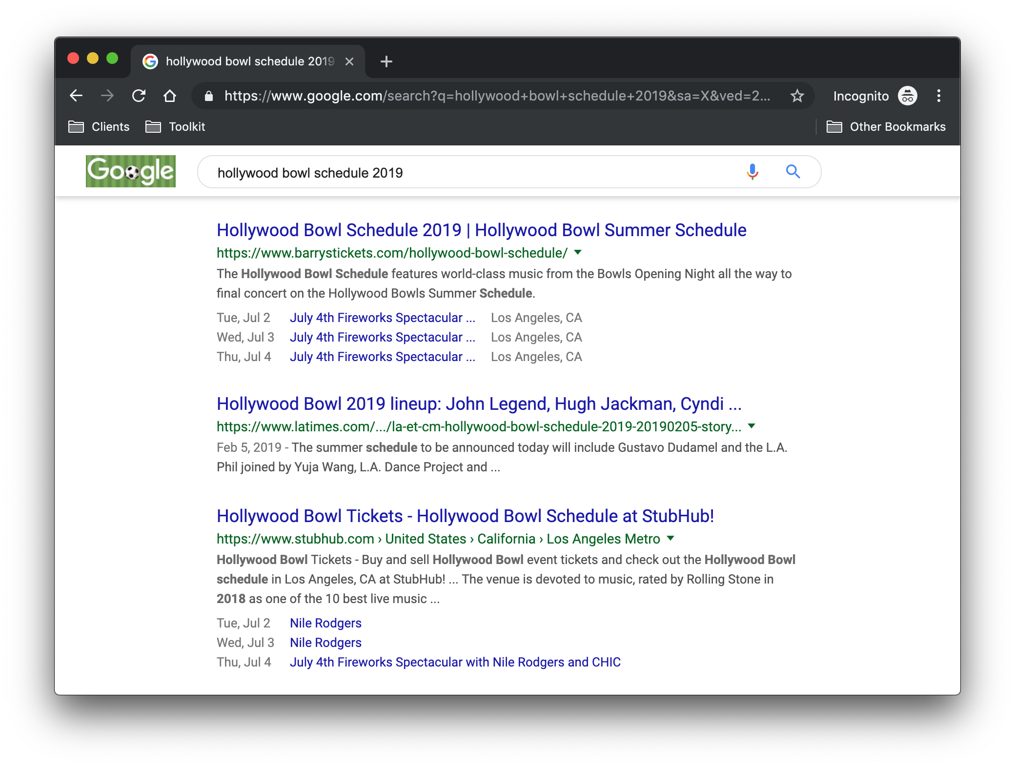 Three search results on Google, two of which using structured data that lists three upcoming events from the calendars on those sites.