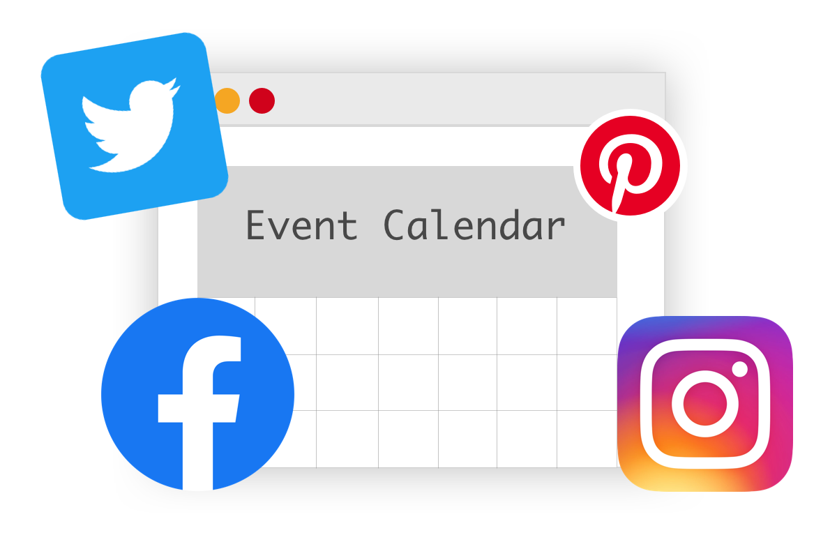 An illustration of a calendar surrounded by social media logos for Twitter, Facebook, Pinterest and Instagram.