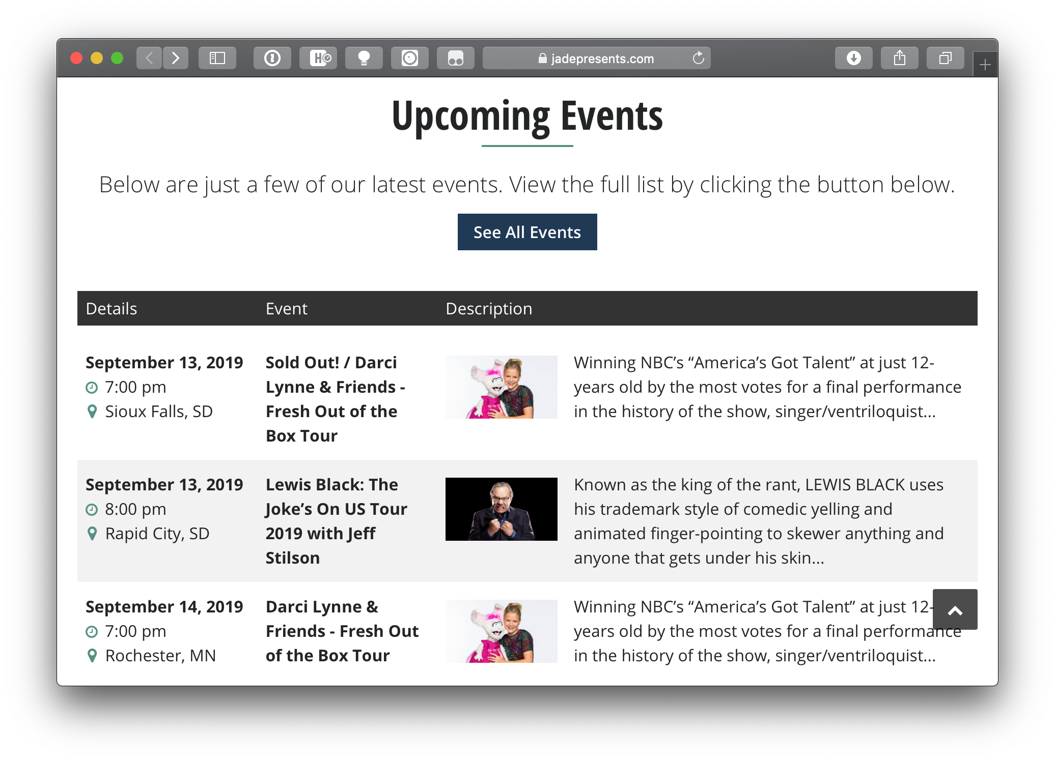 A list of three upcoming events in a custom table format that shows event details, a featured image and an event description for each event.