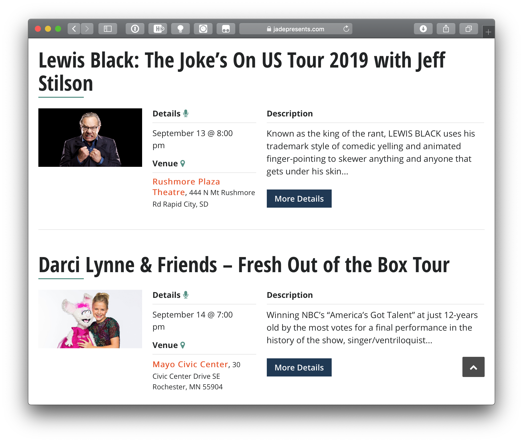 A list of events on Jade's online calendar showing two events with details and information.