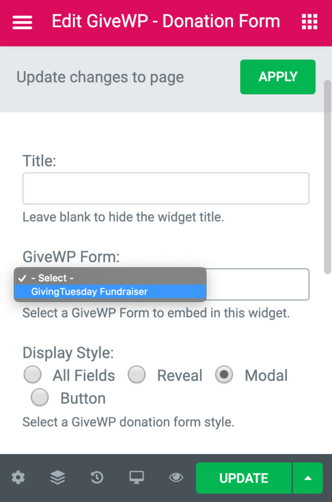 In the section editor panel, choose your form and the display style.