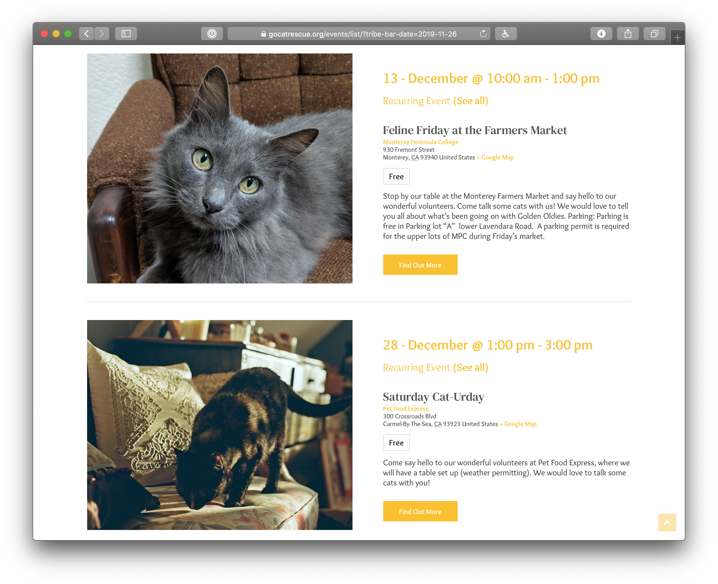 Showing the Golden Oldies calendar which defaults to List View. There are two events in the view.