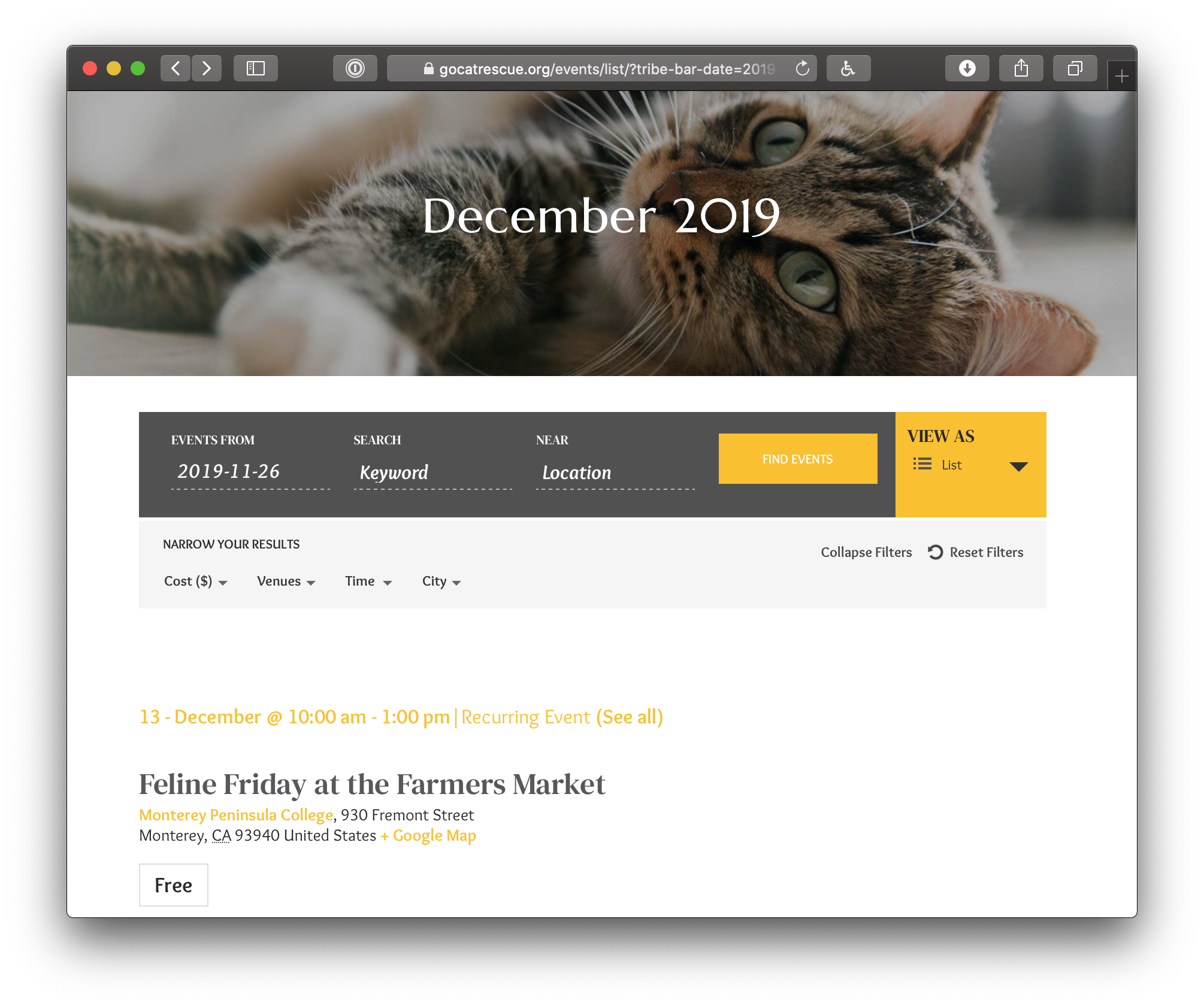 Showing the calendar header. The top shows the page title against a large background image of a cat. Below it is the event search form followed by a set of options for filtering events by cost, venue, time and city.