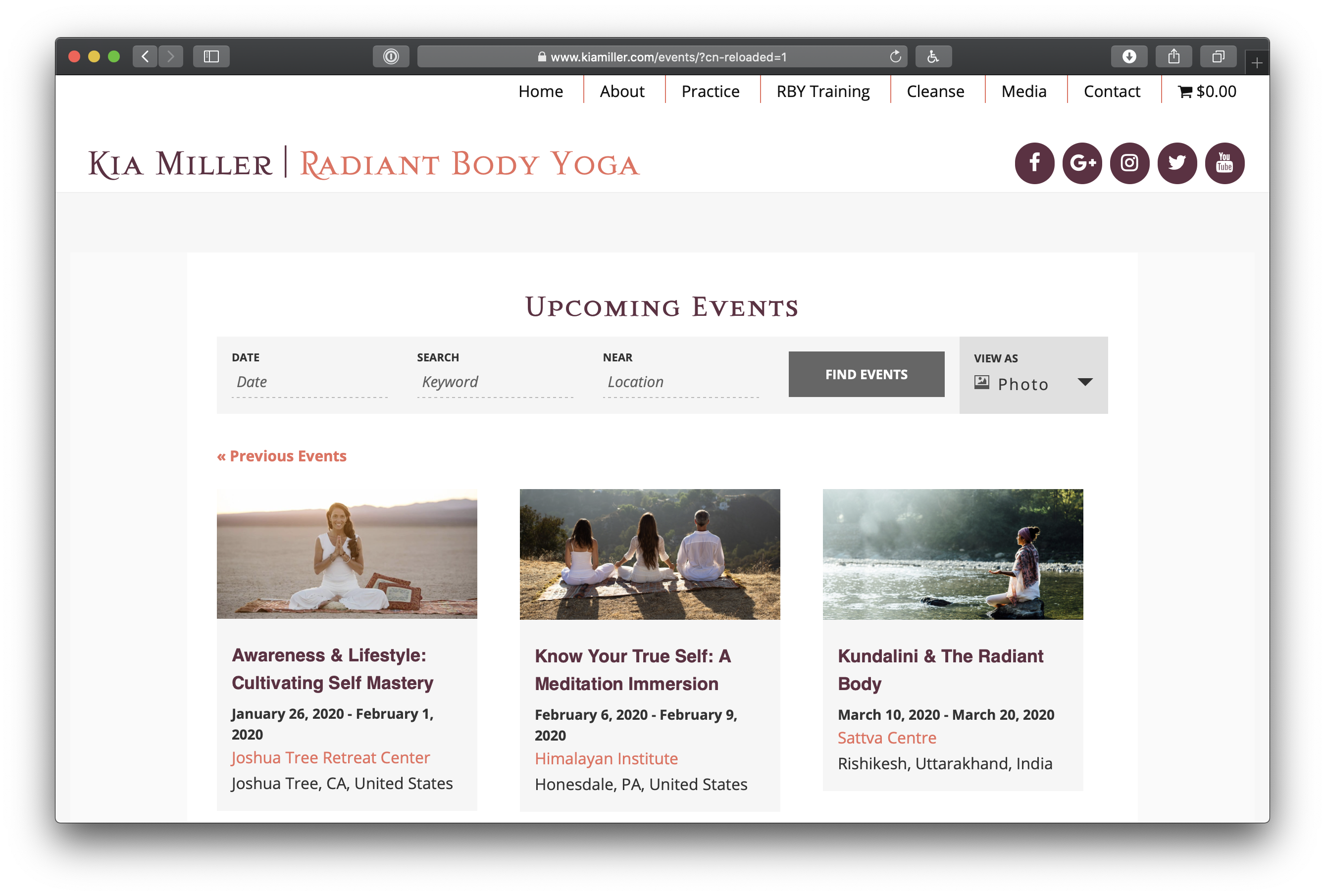 The landing page of the calendar, showing upcoming events in a masonry-type layout where each event is a card with an image and summary of the event.