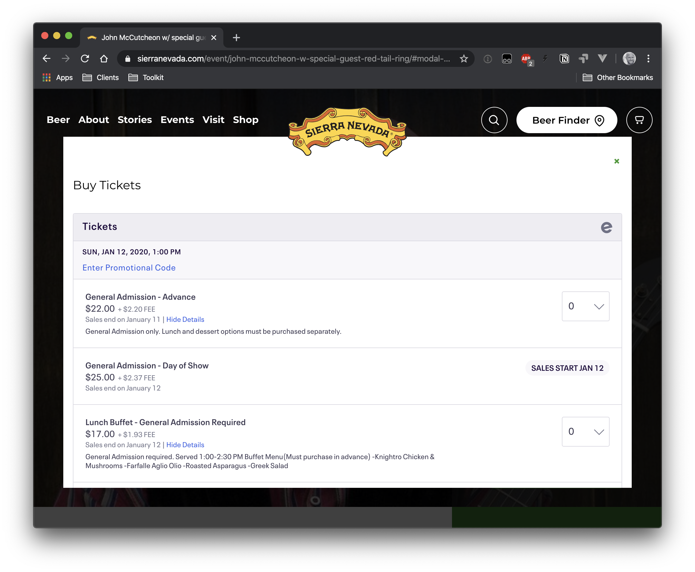The pop-up that displays on a Sierra Nevada event when clicking on the tickets button.