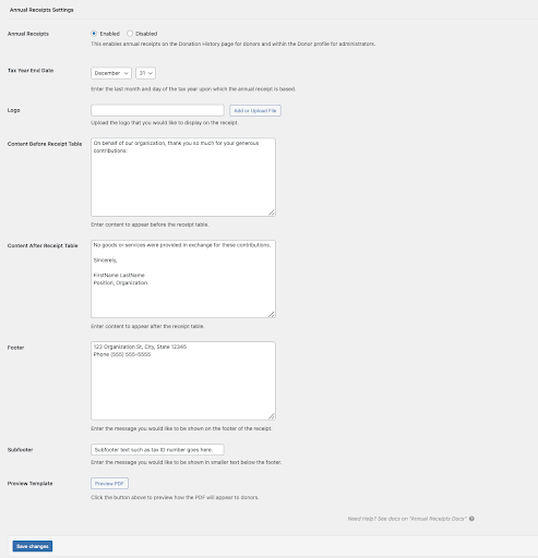 The settings page for Annual Receipts. Displays the end of year and multiple options to customize a receipt with a logo, an intro/outro, a footer, and more.