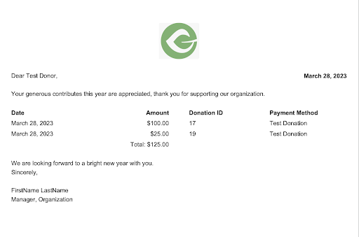 An example of a simple annual donation receipt.