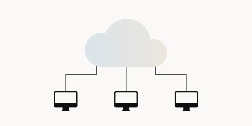 Illustration of desktops connected to the cloud.