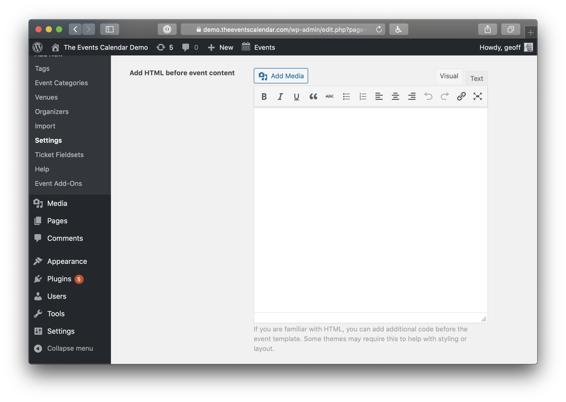 Showing a text field in the calendar settings that allow you to add content above the calendar.