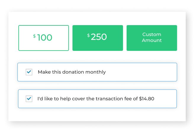 Asking donors to cover processing fees when they give is done through a simple checkbox, similar to the one used for recurring donations for subscription giving.
