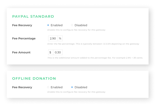 Enable or disable fee recovery and set the amount you need to ask your donors to cover processing fees in your donations settings panel.