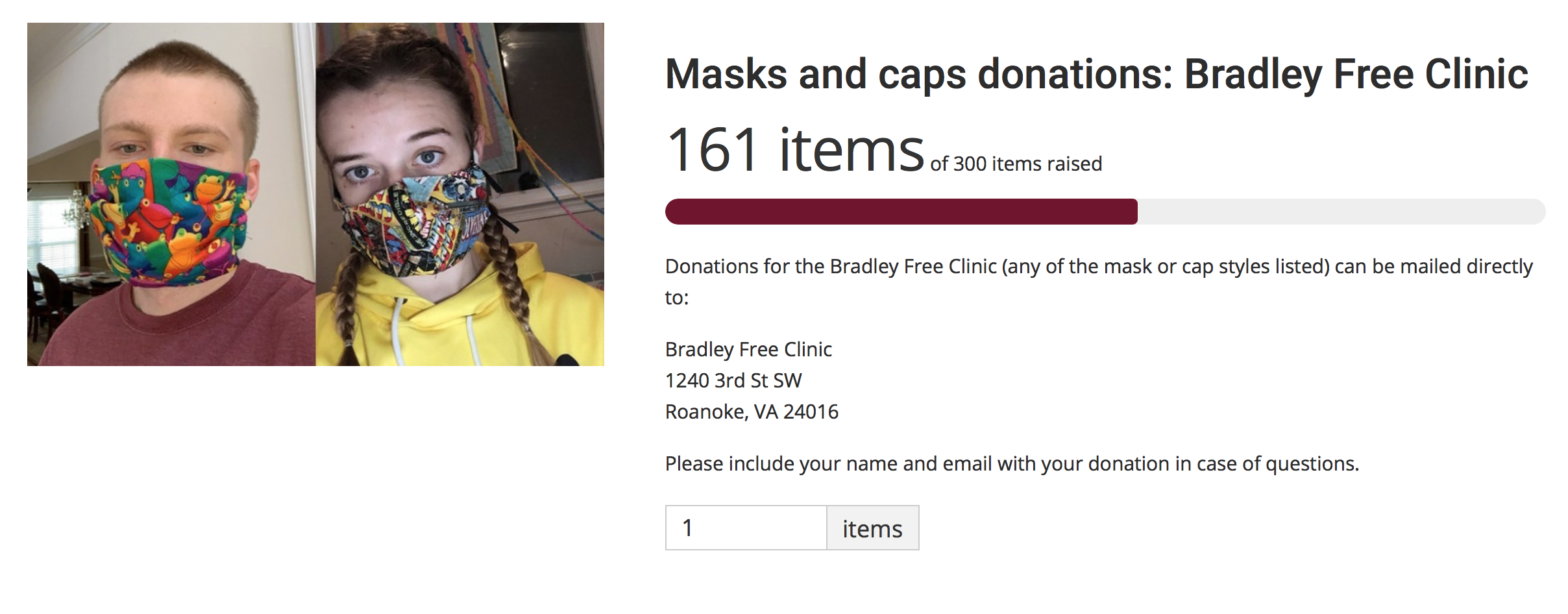 The Maroons Make Masks donation forms asks for items instead of monetary donations.