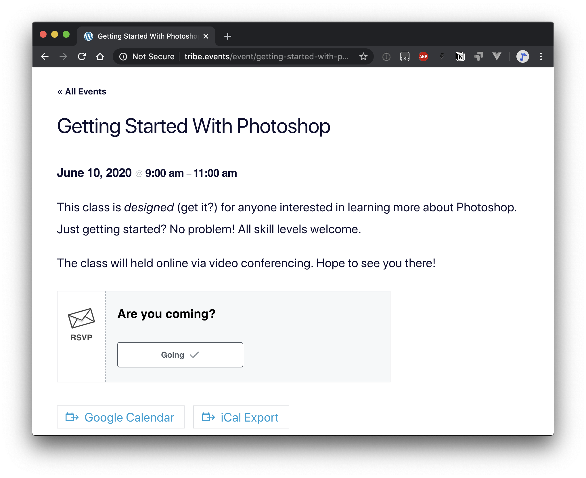 Screenshot. An event page created with The Events Calendar plugin displaying an RSVP form for the event.