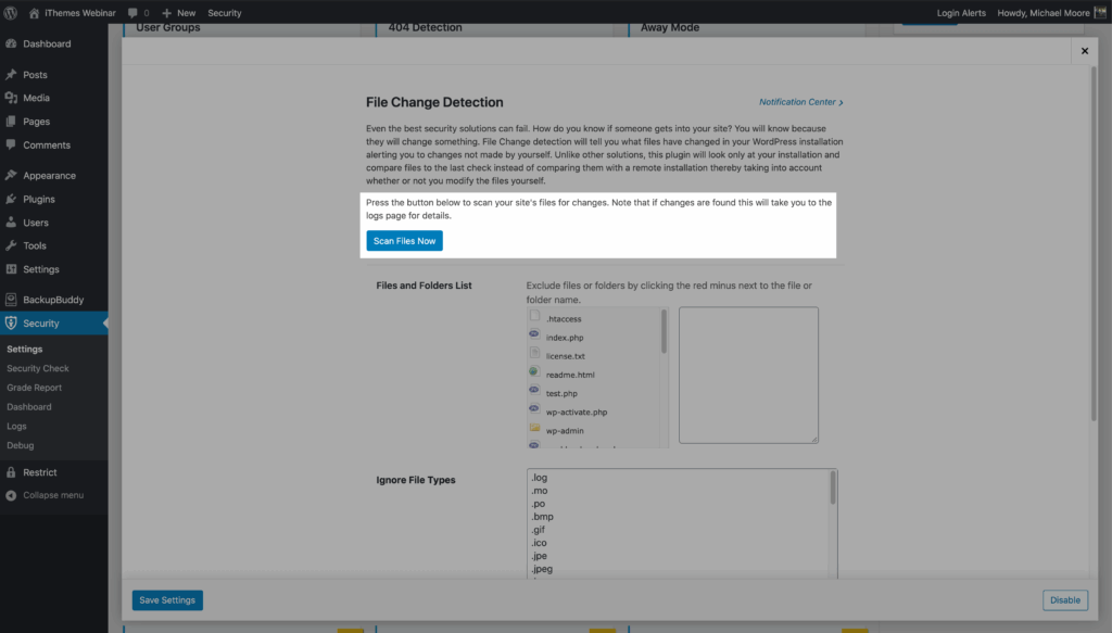 WordPress Security Scan for File Changes Button