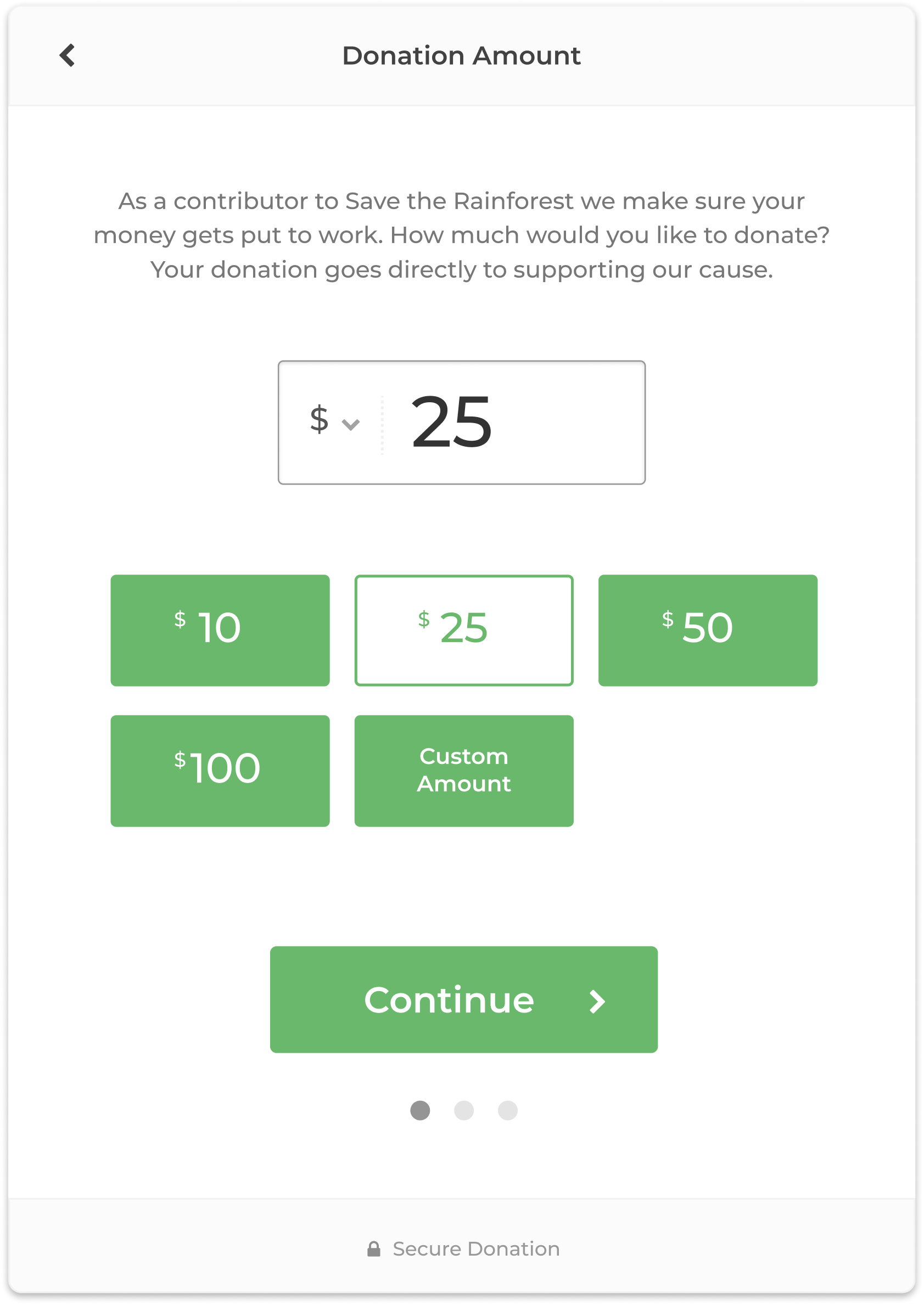 A donation form with suggested donation amounts of $10, $25, $50, $100, and Other