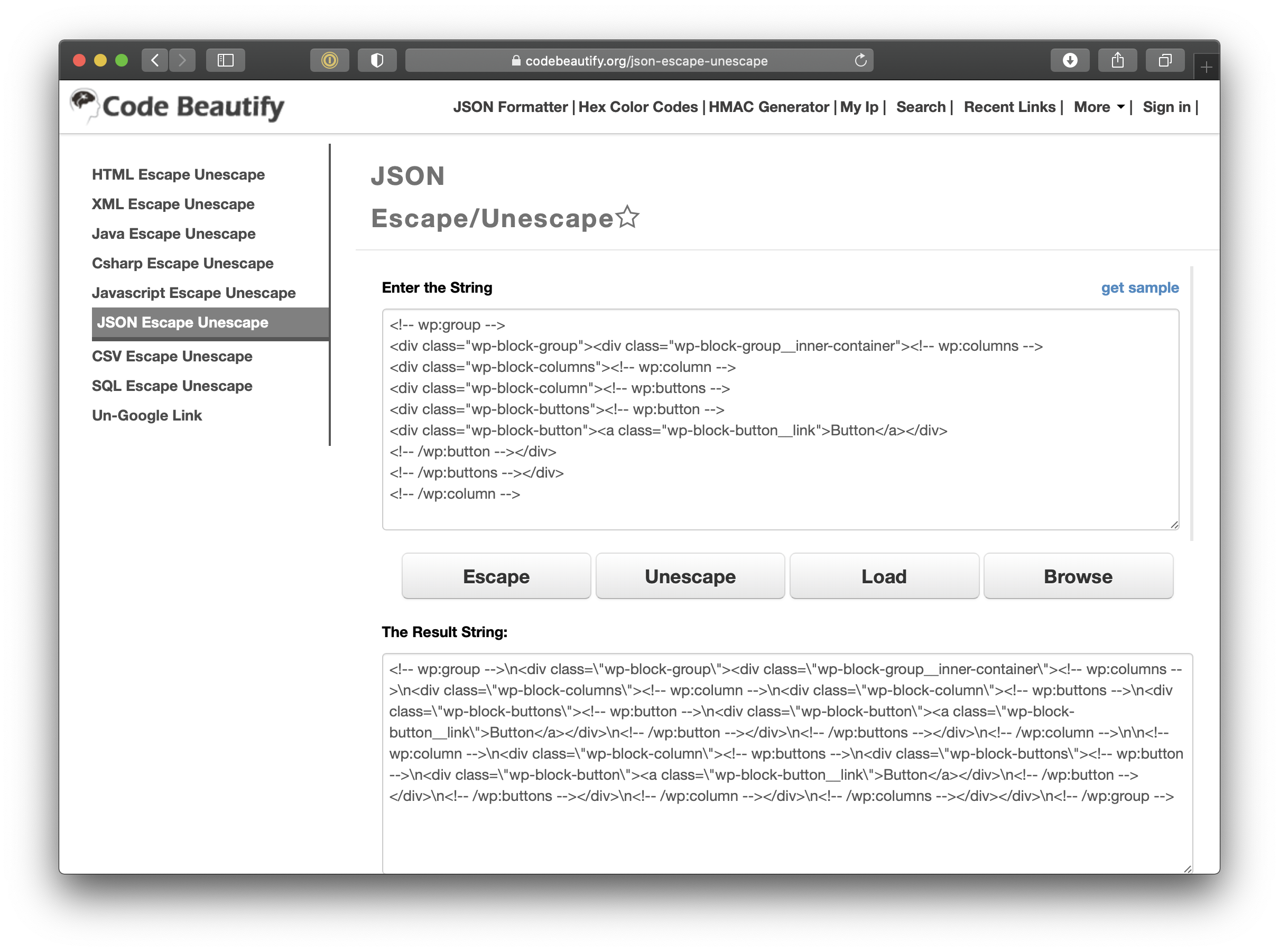 Showing the online tool for escaping code. There is a texture for pasting the code that needs to be escaped above another one containing the generated code.