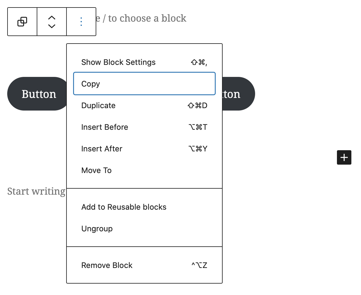 Showing a selected group containing two black buttons with the options menu expanded over the group content with the copy option selected.