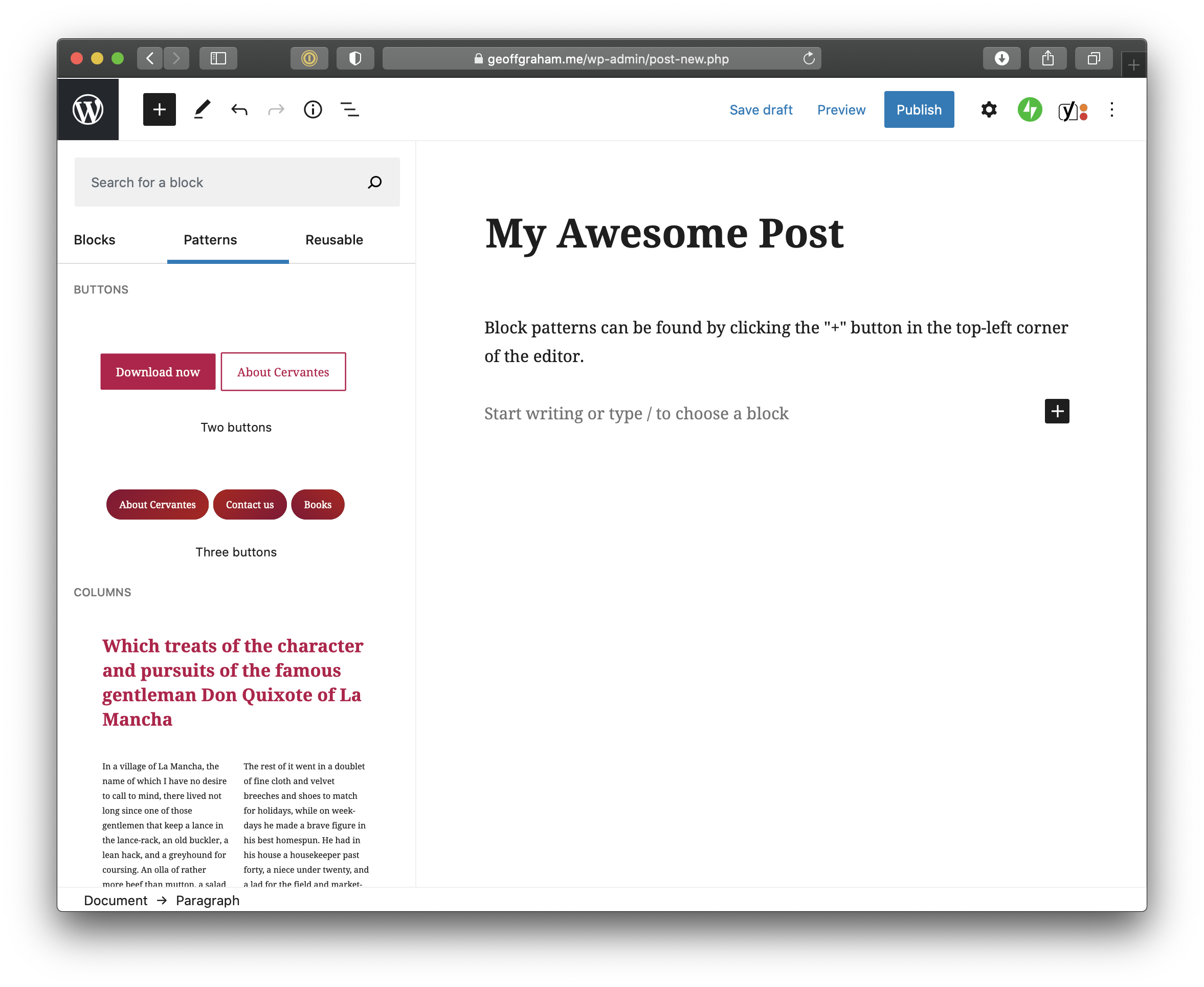The block menu opened as a sidebar to the left of the content editor with the Patterns tab active. There's a gray search box above the patterns menu. Below the menu are previews of the first couple of patterns, including two buttons, three buttons, and columns.