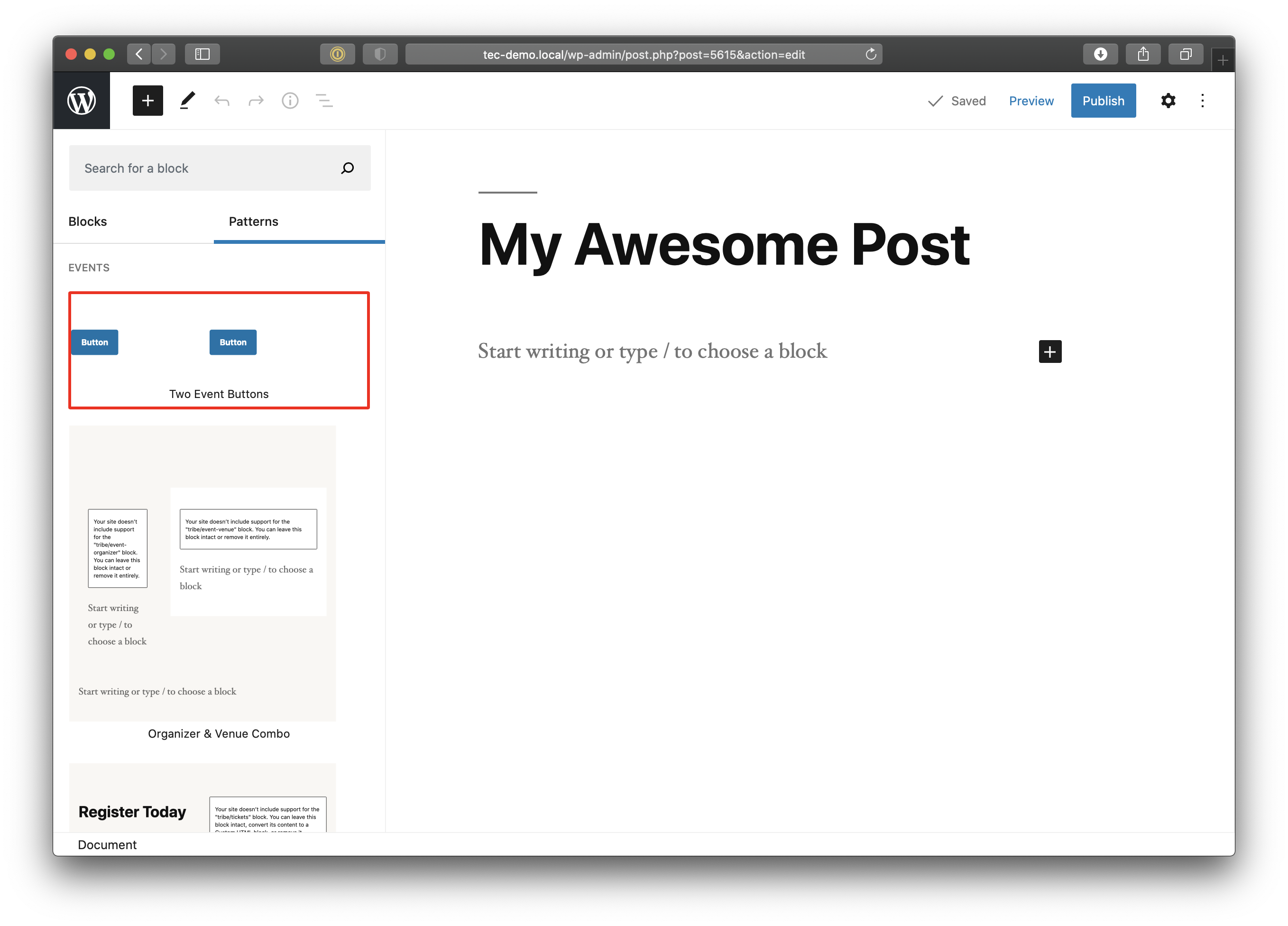 Showing the Two Buttons example pattern in the block inserter which is open to the left of the post content.