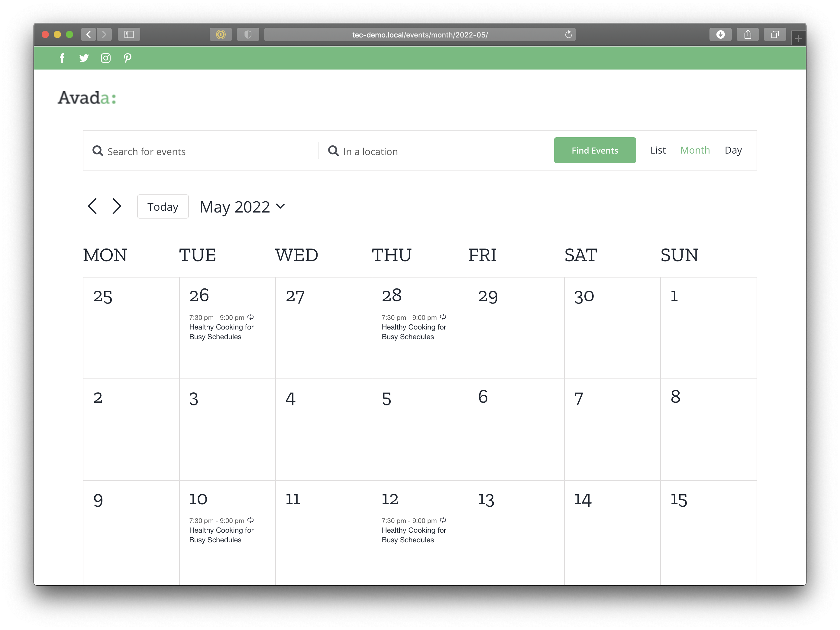 The calendar with Avada activated. There is a green header with four social media icons flush to the left. Below that is the Avada logo to the left against a white background. Below that is the full calendar month view for May 2022.