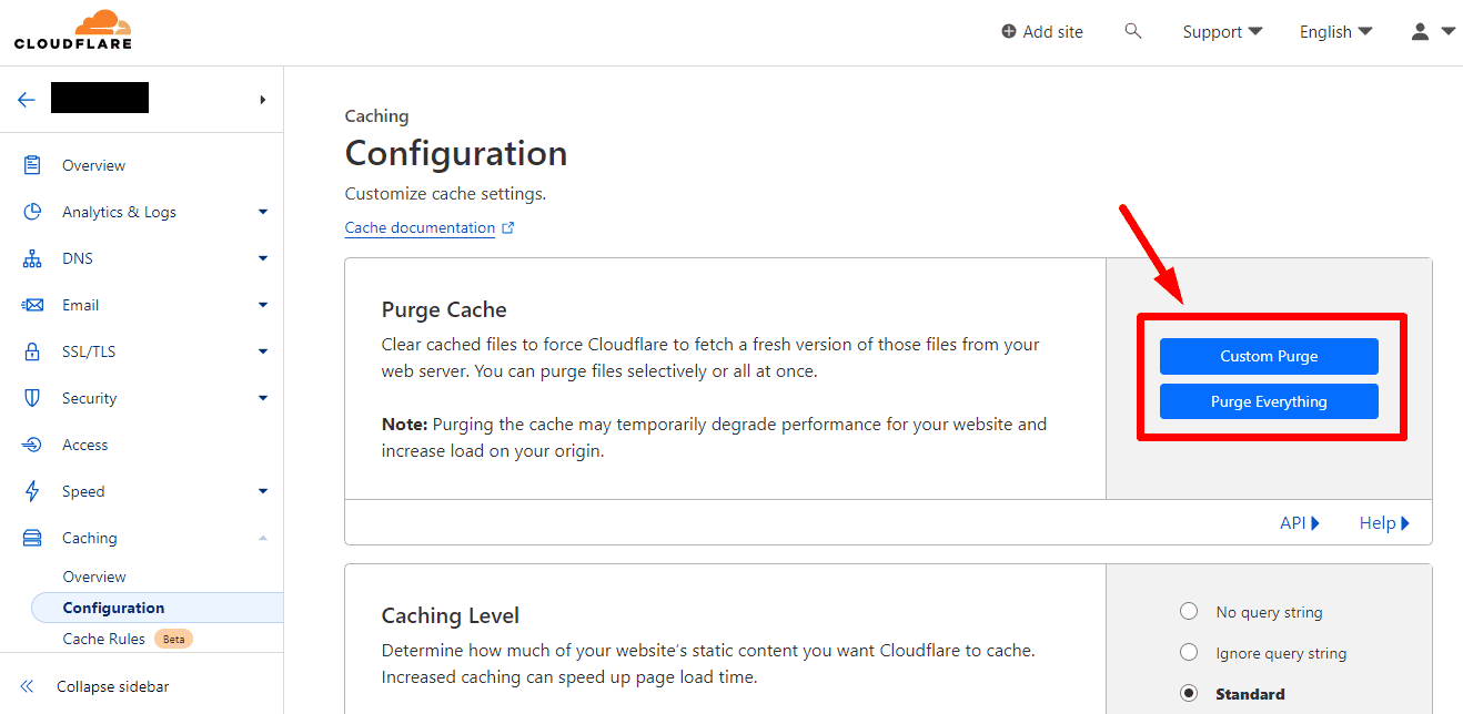 Cloudflare - purge cache screenshot