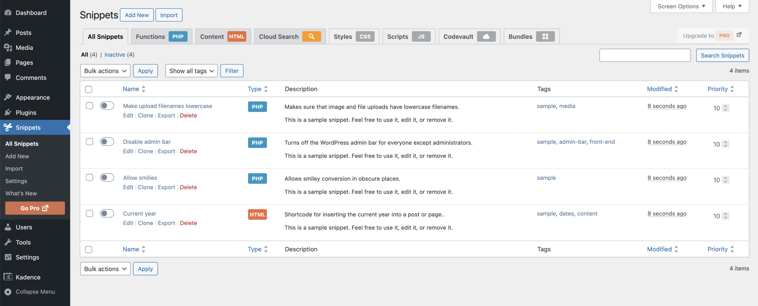 Code Snippets Dashboard