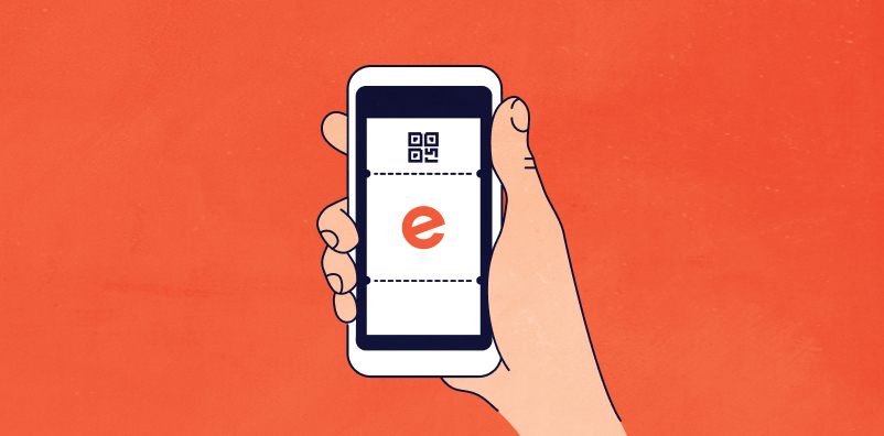 Illustration of a hand holding a phone with the Eventbrite logo on the screen, against a dark orange background.