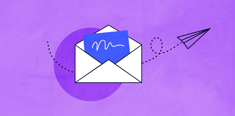 Illustrated envelope with a paper airplane flying out of it against a purple background.