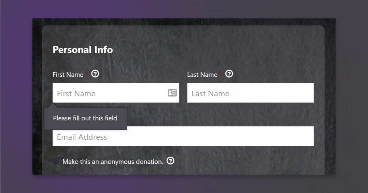 Each field on this donation form is labeled with prompts like "first name."