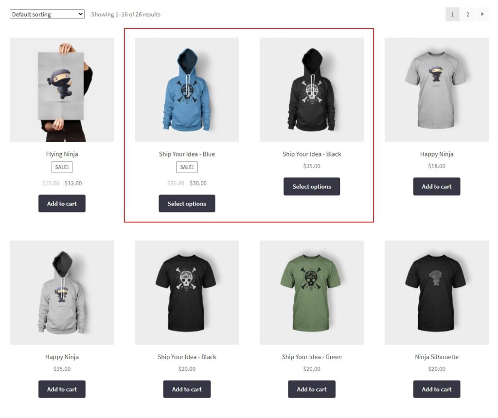 variations on the shop page