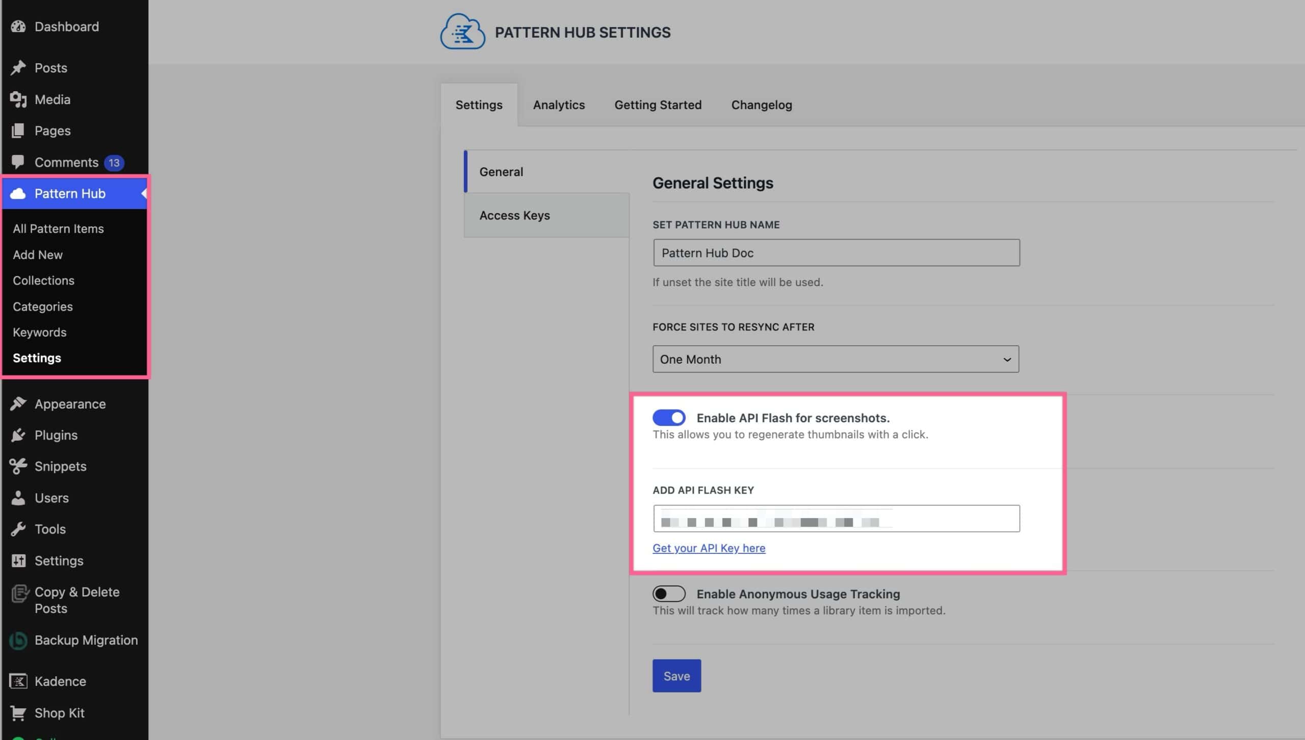 Kadence Pattern Hub - Add Flash API Key