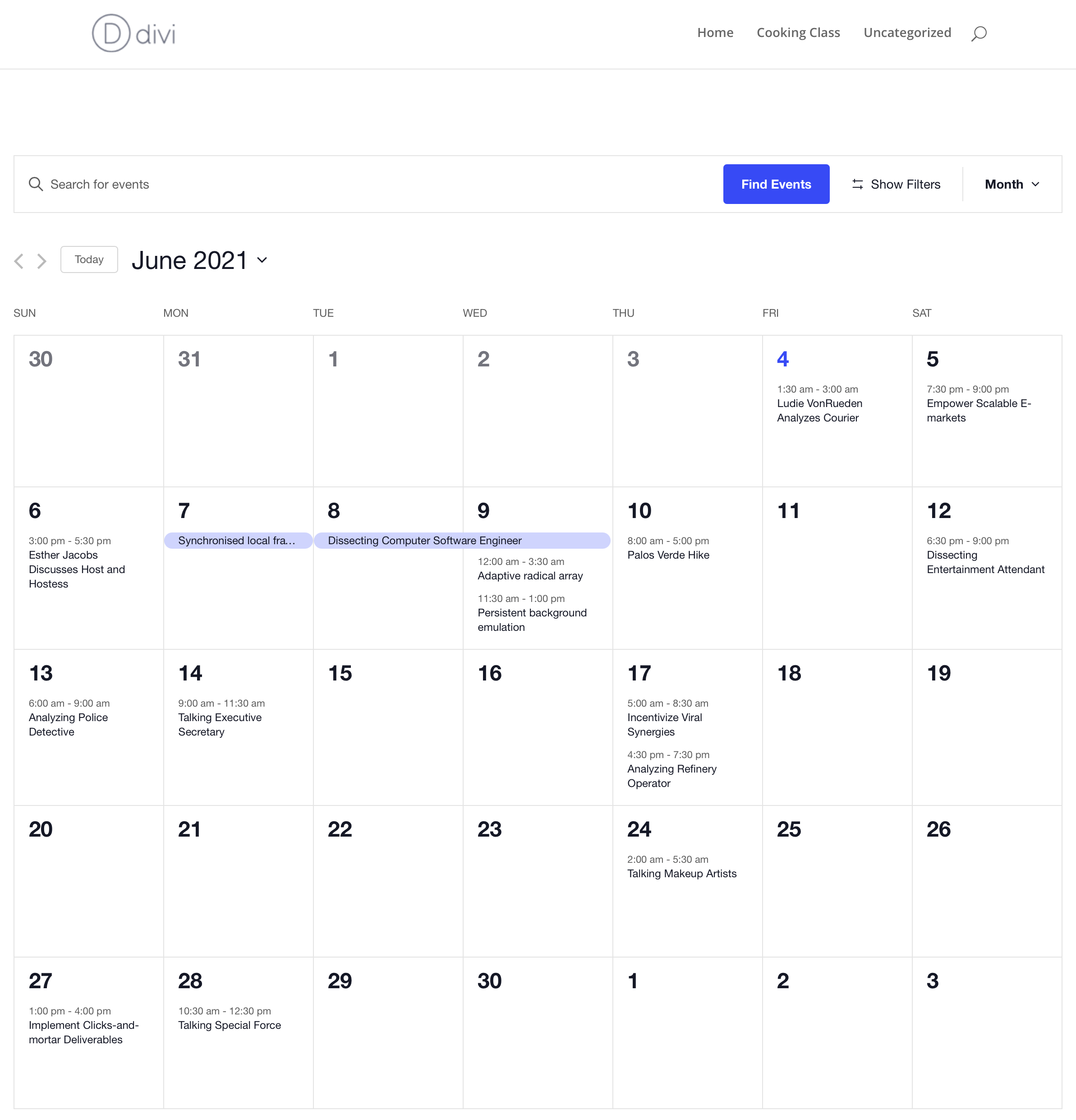 The default Month View calendar displayed on a site using the Divi theme