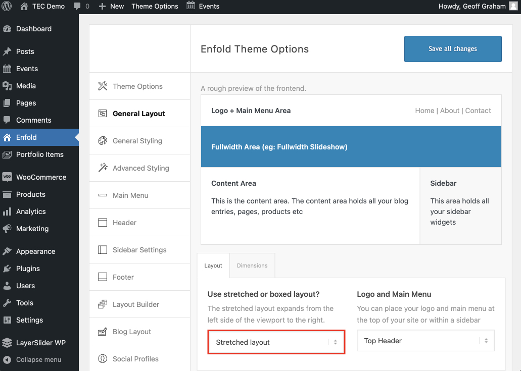 Showing the general layout settings in the Enfold theme options screen. The screen asks whether to use a stretched or boxed layout with a dropdown to select an option. The image shows the stretched layout option selected and highlighted in red.