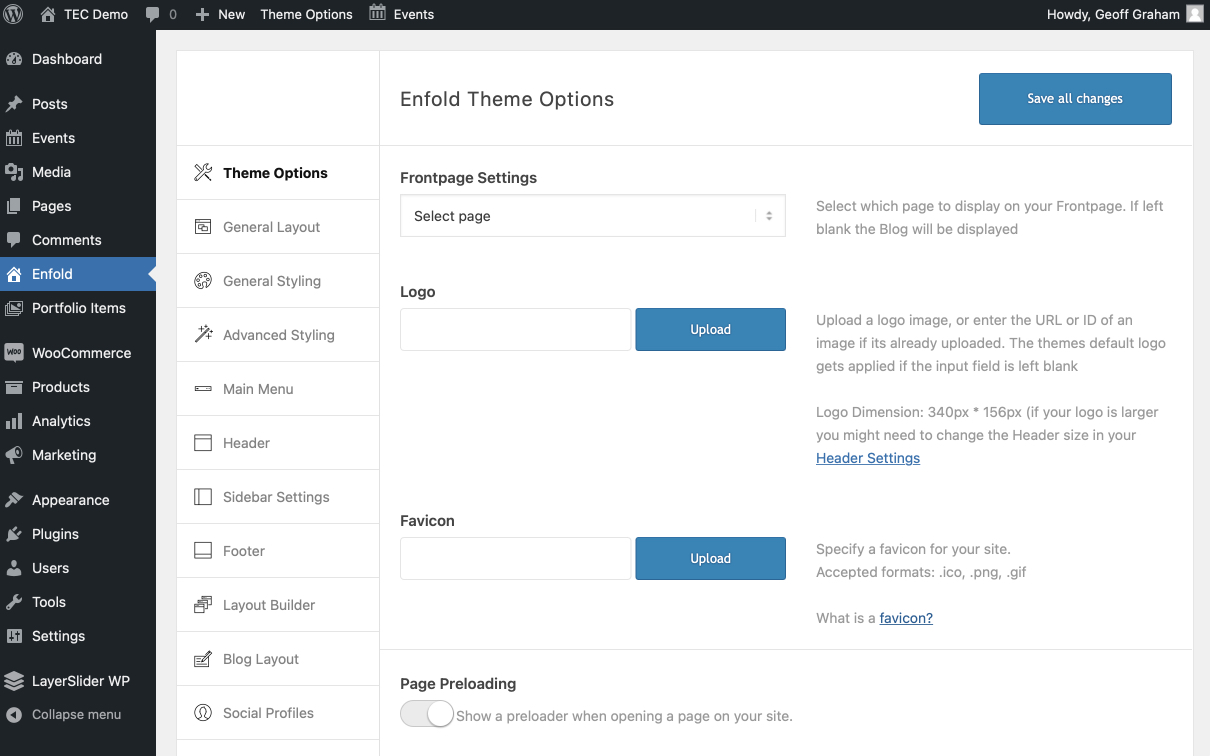 Showing the Enfold theme options screen. The general settings are open, including front page settings, logo, favicon and page reloading.