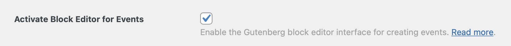 The Events Calendar General settings screen with the Block Editor option unchecked
