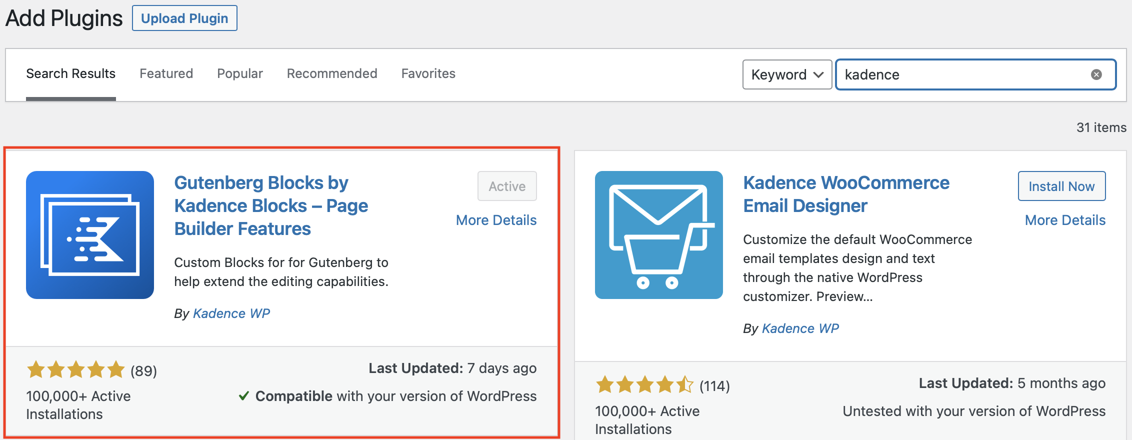 Showing the Add Plugins screen in the WordPress admin. Kadence Blocks is the first result on the page and highlighted in red.