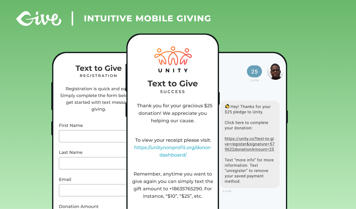 Screenshot of three phones showcasing donation examples with GiveWP's T2G mobile giving