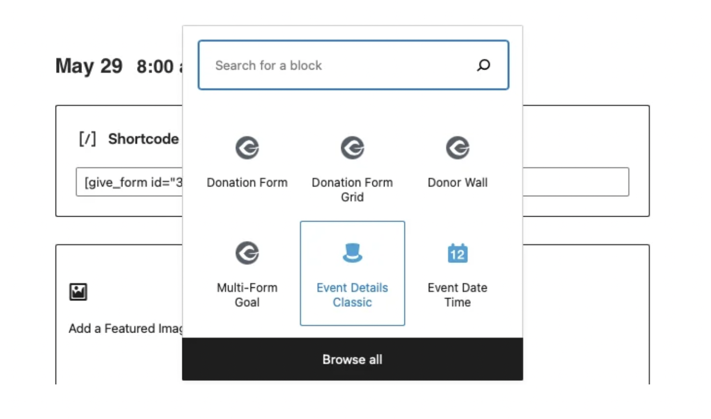 Use the event details classic block to include your event details on your donation form. 