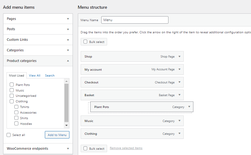 categories to menu