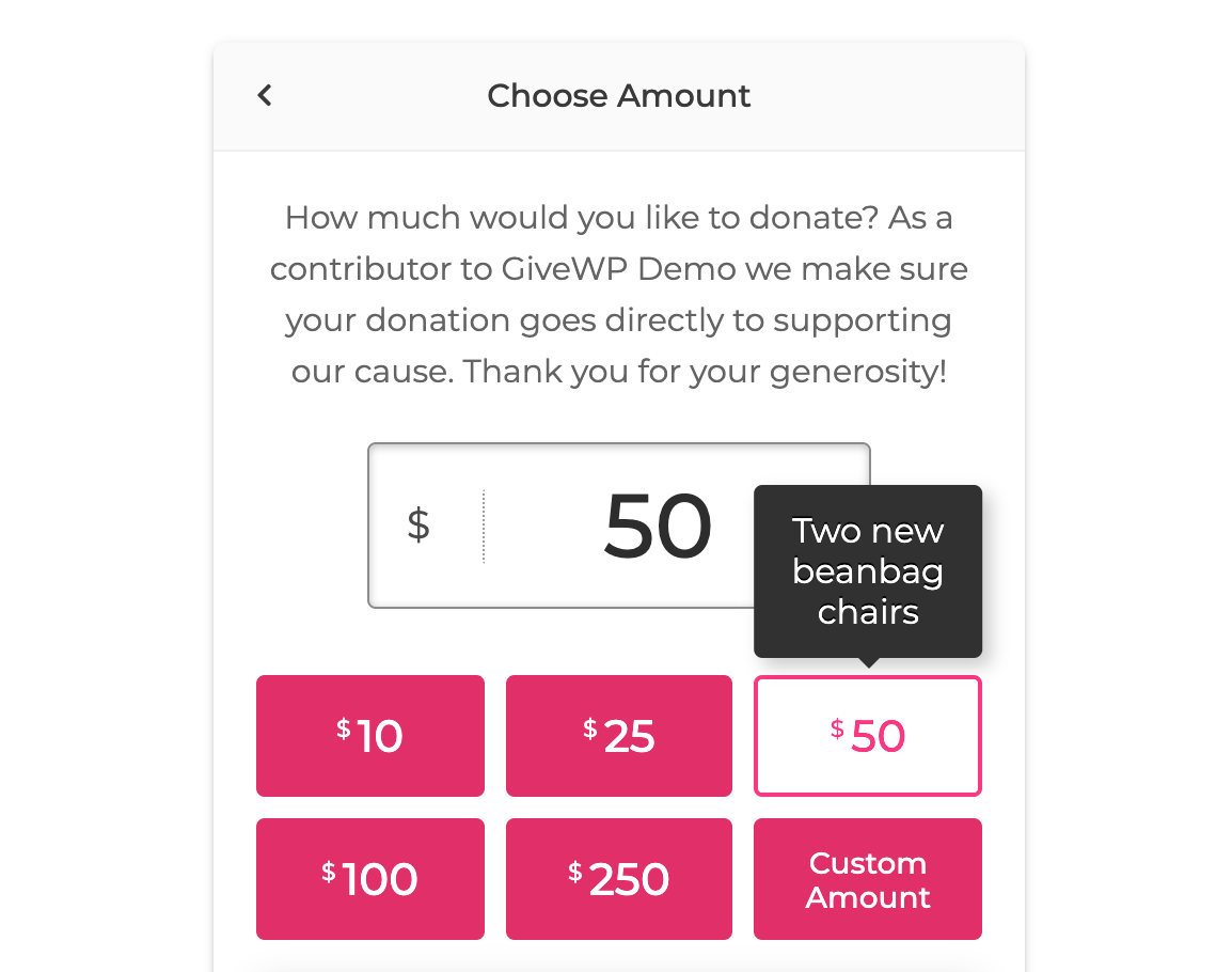 Donation form with suggested donation amounts. When hovering over $50, the form displays an impact unit. In this case, $50 would provide two new beanbag chairs. 
