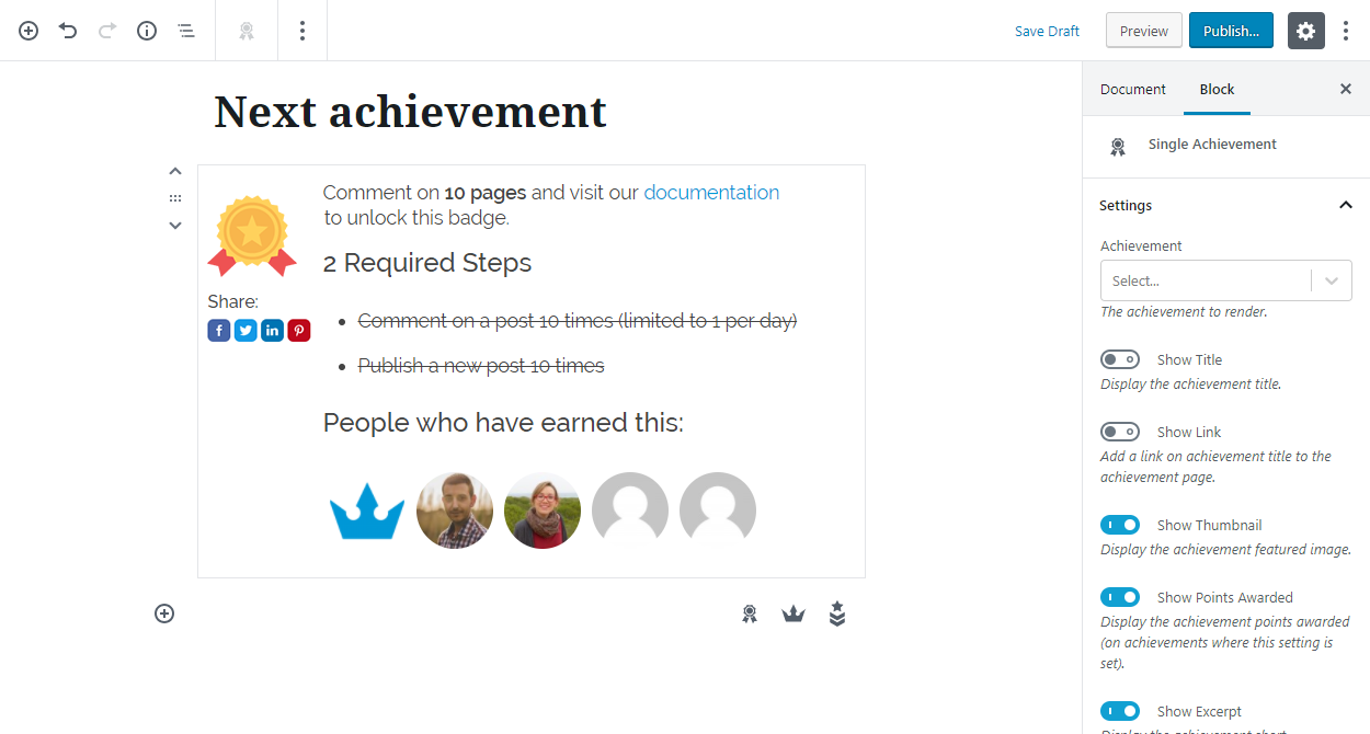 Control how you display player achievements with Gutenberg block options. 