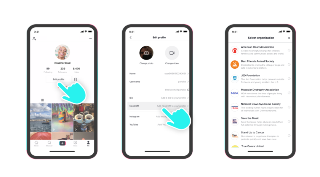 To add a nonprofit's link to your TikTok profile, go to edit profile, choose nonprofit, and select an organization from the list. 